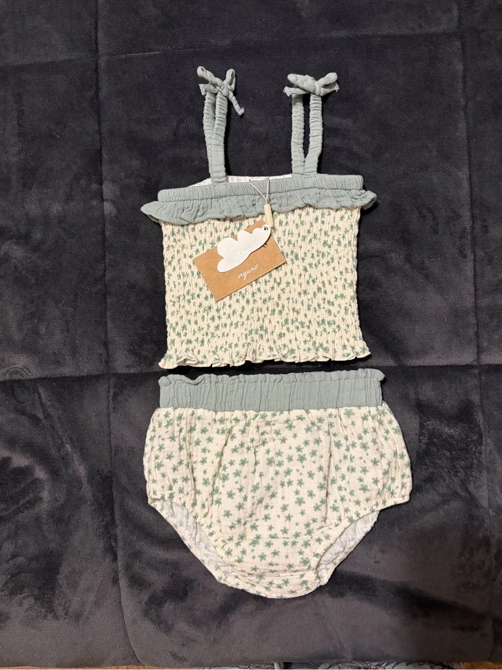 Angel Dear Cream & Sage Floral Smocked Tank and Bloomers Organic Cotton 18-24 mo
